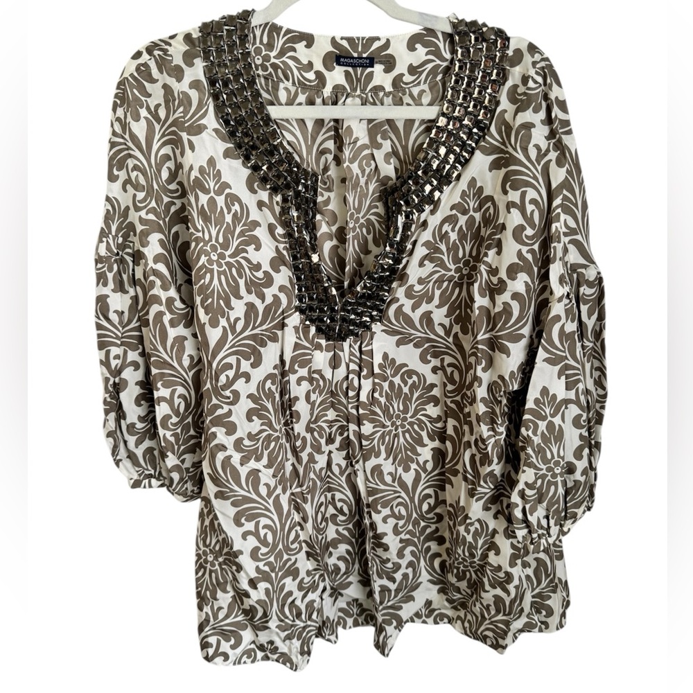 CHIC 100% Silk Size 16 Hand Beaded Bohemian MAGASCHONI Peasant Blouse